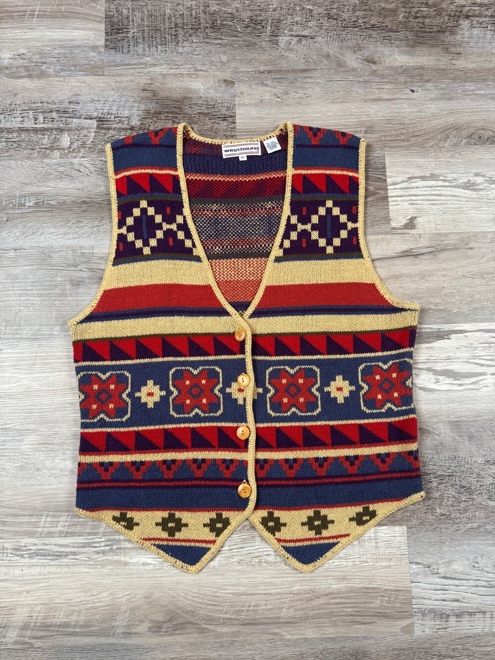 Vintage 90s Southwestern Ramie Cotton Button Sweater Vest Western Grandpa Fall L